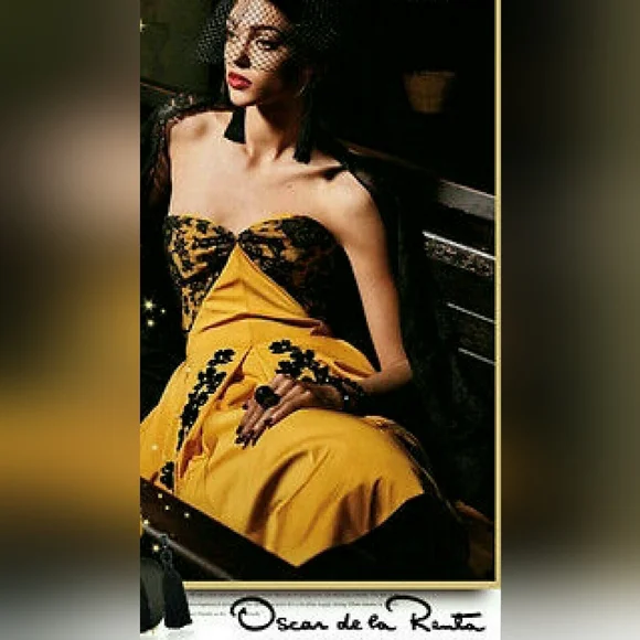 °$7000 NEW OSCAR DE LA RENTA BEAUTIFUL RUNWAY BLK YELLOW SILK BEAD DRESS US 10